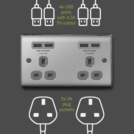 4 Port USB Double UK Plug Socket - Brushed Steel