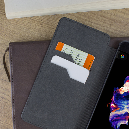 Funda OnePlus 5 Olixar Slim Piel Auténtica Tipo Cartera - Negra