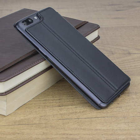 Olixar Slim Genuine Leather Flip OnePlus 5 Wallet Case - Black