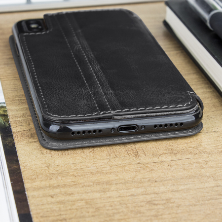 Olixar Slim Genuine Leather Flip iPhone X Plånboksfodral - Svart