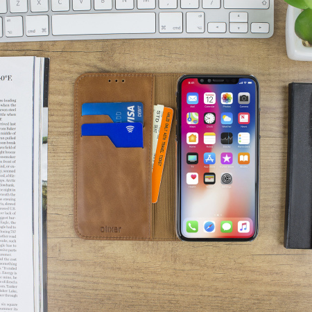 Olixar iPhone X Ledertasche Executive Wallet Case in Brau