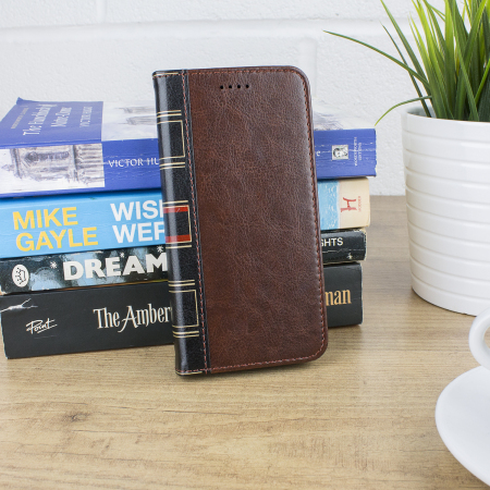 olixar xtome leather-style iphone x book case - brown