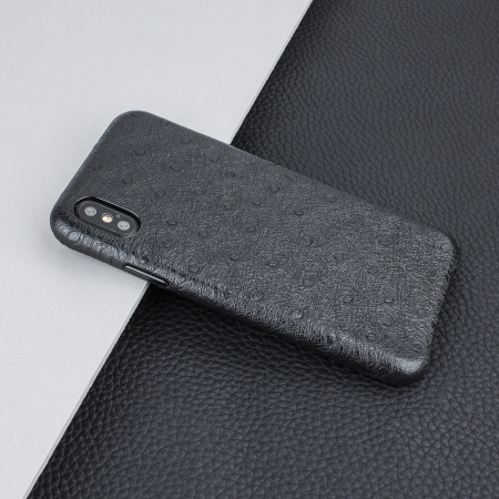 Coque iPhone X Olixar Ostrich Premium en cuir véritable – Noire