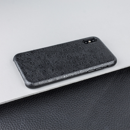 Coque iPhone X Olixar Ostrich Premium en cuir véritable – Noire