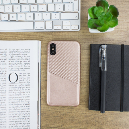 Olixar iPhone X Carbon Fibre Card Pouch Case - Rose Gold