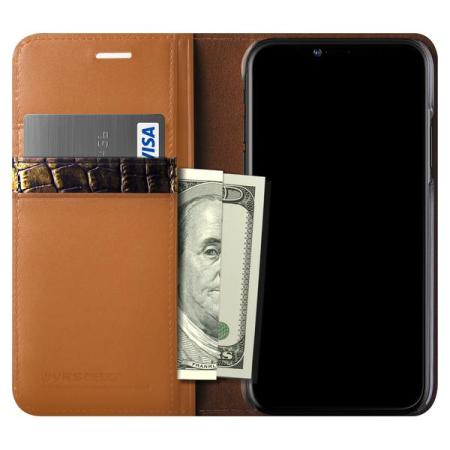 Housse iPhone X VRS Design Leather Diary en cuir – Marron