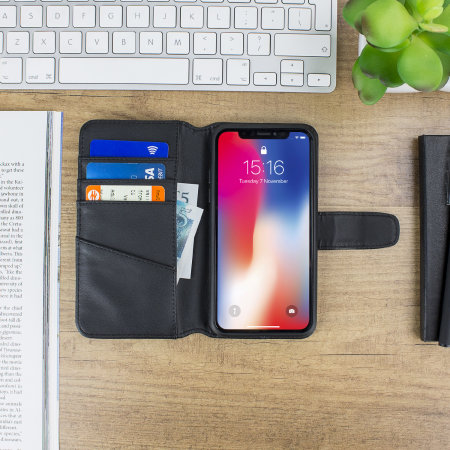 Funda iPhone X Olixar de Piel Estilo Cartera - Negra