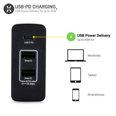 Chargeur secteur Universel de voyage Olixar – 2 ports USB + 1 USB-C PD