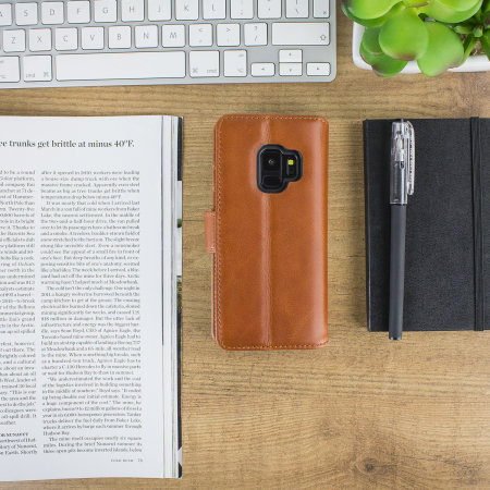 Samsung Galaxy S9 Genuine Leather Wallet Case - Olixar Cognac