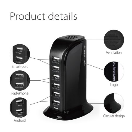 Chargeur secteur USB Avantree PowerTower – 6 ports USB – EU – Noir
