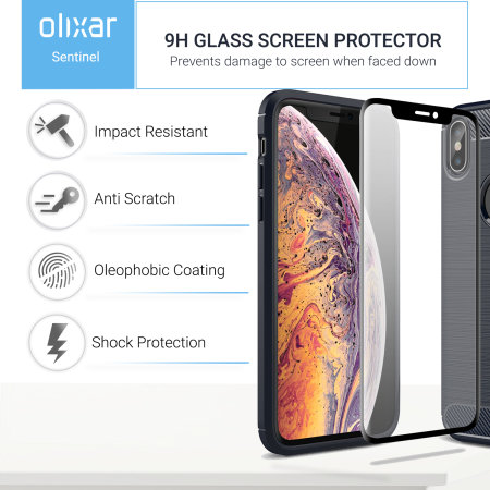 Olixar Sentinel iPhone XS Max Case and Glass Screen Protector - Navy