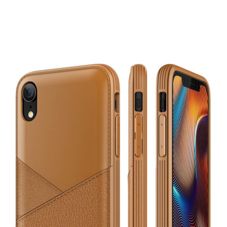 vrs design leather fit label iphone xr leather-style case - brown