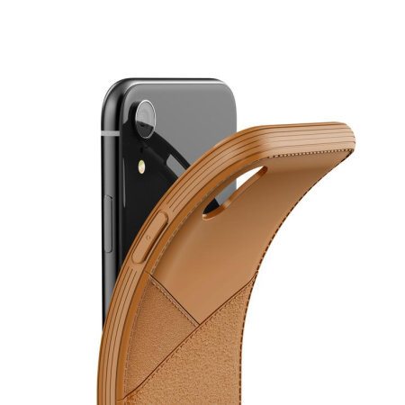 vrs design leather fit label iphone xr leather-style case - brown