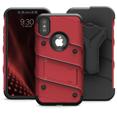 zizo bolt iphone xs max tough case & screen protector - red / black