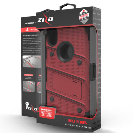 zizo bolt iphone xs max tough case & screen protector - red / black