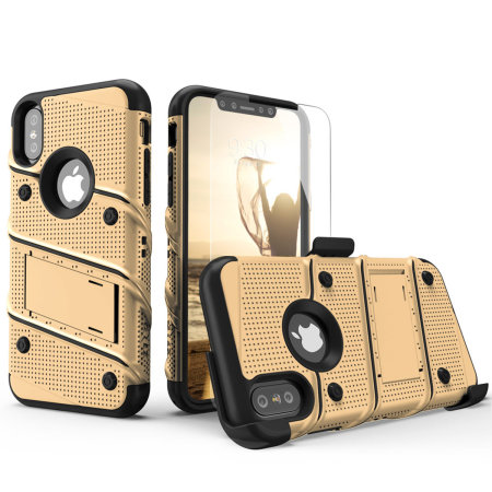 zizo bolt iphone xs max tough case & screen protector - gold / black
