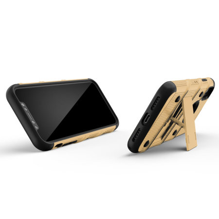 zizo bolt iphone xs max tough case & screen protector - gold / black