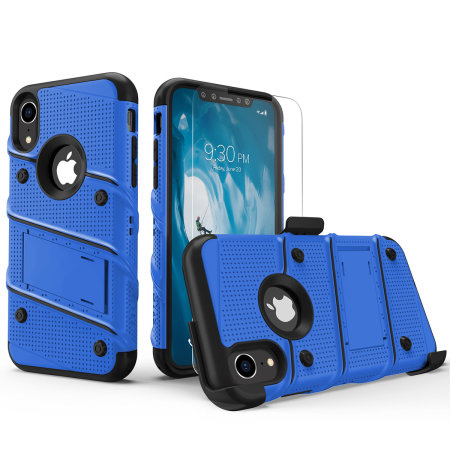 zizo bolt iphone xr tough case & screen protector - blue / black