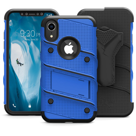 zizo bolt iphone xr tough case & screen protector - blue / black