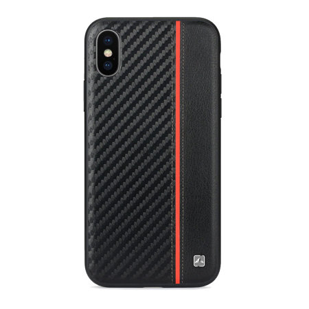 Meleovo iPhone XS Carbon Premium Lederhülle - Schwarz / Rot