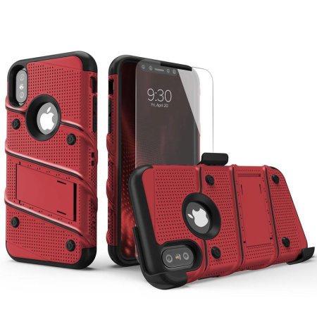 zizo bolt iphone xs tough case & screen protector - red / black