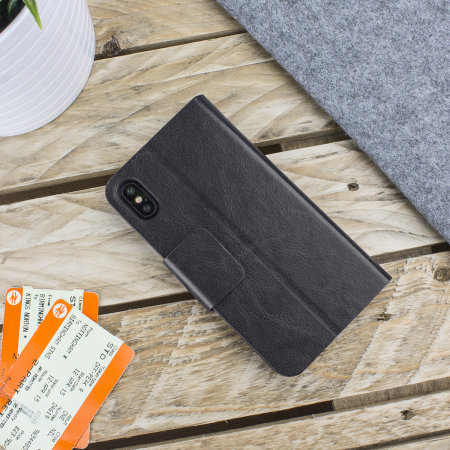 Olixar Leather-Style iPhone XS Wallet Stand Case - Black