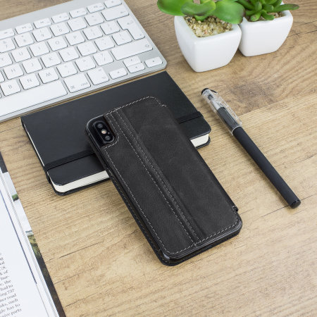 Olixar Slim Genuine Leather Flip iPhone XS Wallet Case - Black