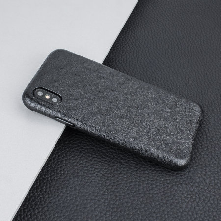 olixar ostrich premium genuine leather iphone xs case - black