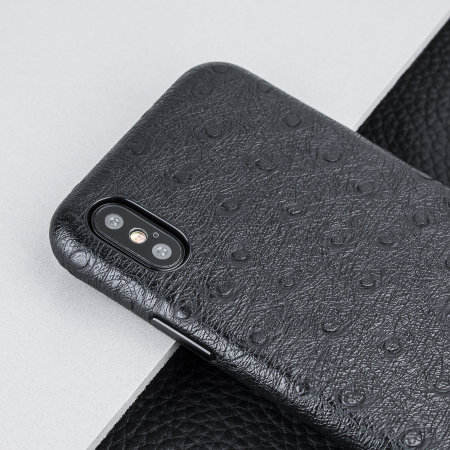 olixar ostrich premium genuine leather iphone xs case - black