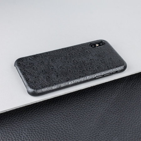 olixar ostrich premium genuine leather iphone xs case - black