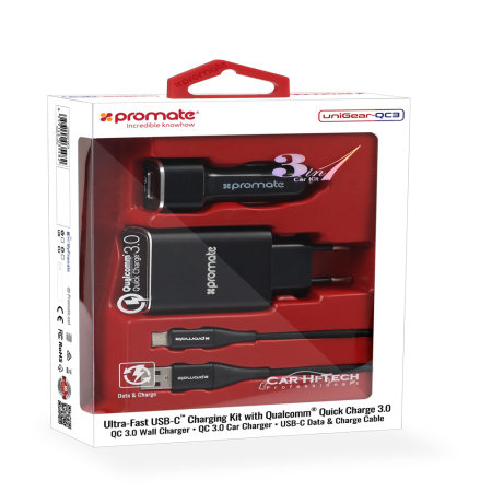 Promate 3-in-1 Charging Kit With USB-C Cable, Car Charger & EU Plug