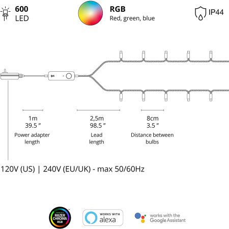 Twinkly Smart RGB 600 LED 48m String Lights Gen II & US Adapter