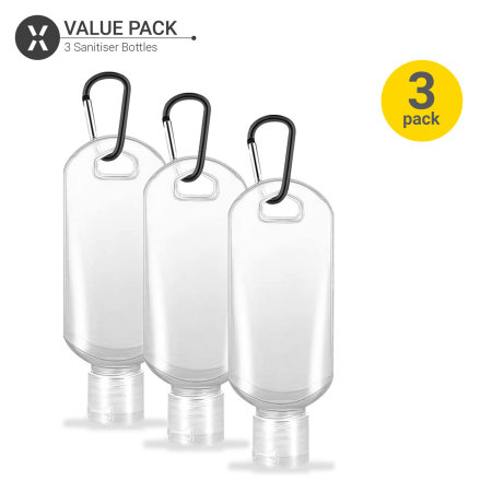Olixar 50ml Hand Sanitiser Bottle With Carabiner Clip - 3 Pack - Clear