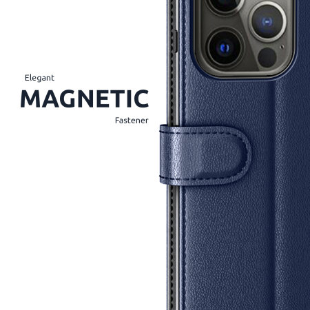 Olixar Genuine Leather Wallet Stand Navy Case - For iPhone 13 Pro Max
