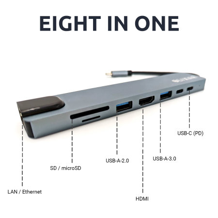 Olixar 8 Port USB Type-C Multi Function PD Charging Hub - Slate Grey