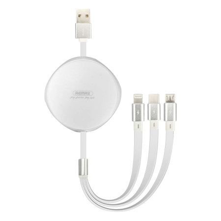 Remax 3-in-1 Lightning, USB C, and Micro USB Retractable 1m Charging Cable - White