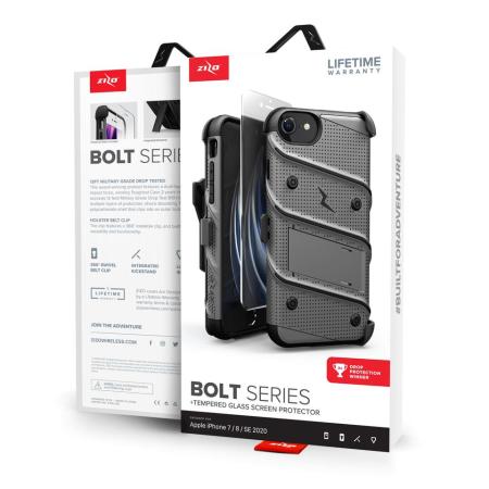 Zizo Bolt Series iPhone SE 2020 Tough Case With Belt Clip and Screen Protector- Grey and Black