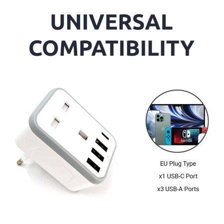 UK to EU Travel Adaptor with 3 USB-A and 1 USB-C Port
