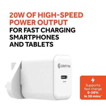 Griffin White PowerBlock 20W USB-C Power Delivery Mains Charger - For iPhone 14 Pro