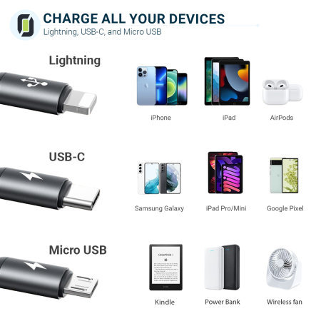Olixar 3-in-1 USB-C to USB-C, Lightning & Micro USB Braided Tough Cable