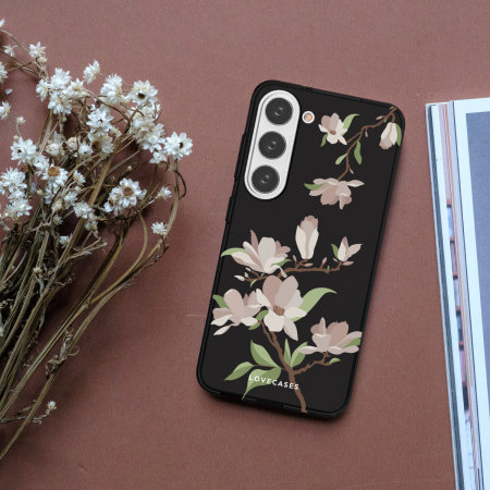 LoveCases White Cherry Blossom Black Gel Case - For Samsung Galaxy S23 Plus