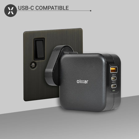 Olixar Black Super Fast 65W GaN USB A and USB-C Wall Charger - For Samsung Galaxy S23 Plus