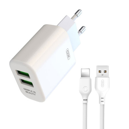 XO Design 12W White 2 USB-A Port Wall Charger & USB Lightning Cable - EU Travel Plug
