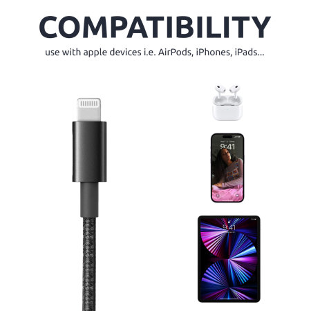 Olixar Braided USB-A to Lightning Charge And Sync Cable - 1.5m - Black - For iPhone 13