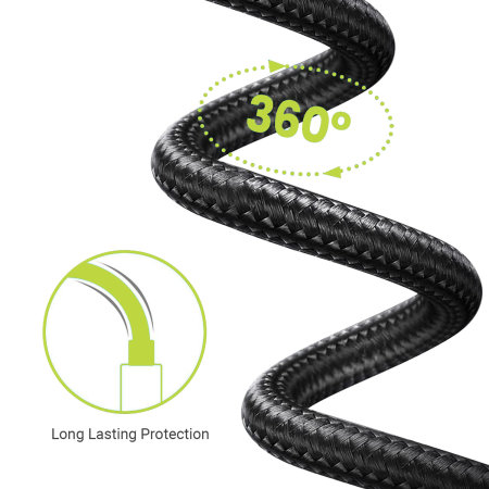 Olixar Braided USB-A to Lightning Charge And Sync Cable - 1.5m - Black - For iPhone 13