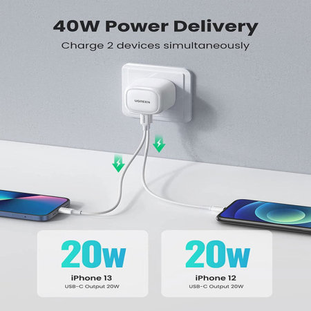 Ugreen 40W Dual Fast Charging USB-C Foldable Mains Charger - For iPhone XS