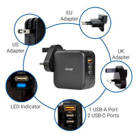 Olixar Super Fast 65W GaN USB A and USB-C Wall Charger With Super Fast Braided USB-C to C Cable - For MacBook Air 15" 2023