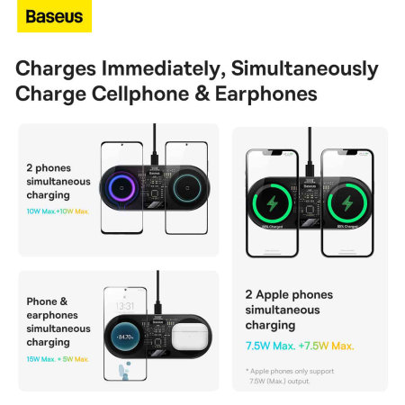 Baseus 20W Black Digital LED Display Dual Wireless Charger Pad - For Nothing Phone (1)