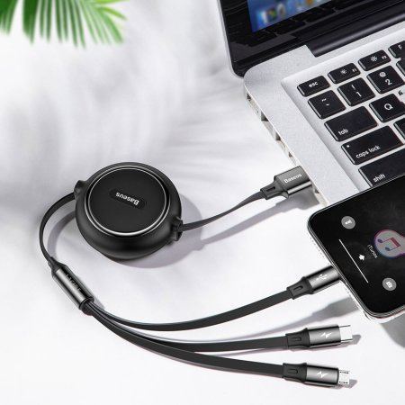 Baseus 3-in-1 USB to USB-C, Lightning & Micro USB Retractable Charge and Sync Cable - 1.2m