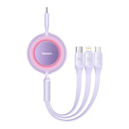 Baseus 3-in-1 USB-C to Lightning, USB-C & Micro USB Retractable Charge and Sync Purple Cable - 1.1m